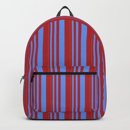 [ Thumbnail: Cornflower Blue & Red Colored Lines/Stripes Pattern Backpack ]