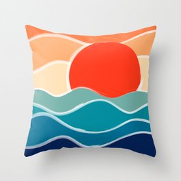 Retro 70s and 80s Color Palette Mid-Century Minimalist Nature Waves and Sun Abstract Art Throw Pillow