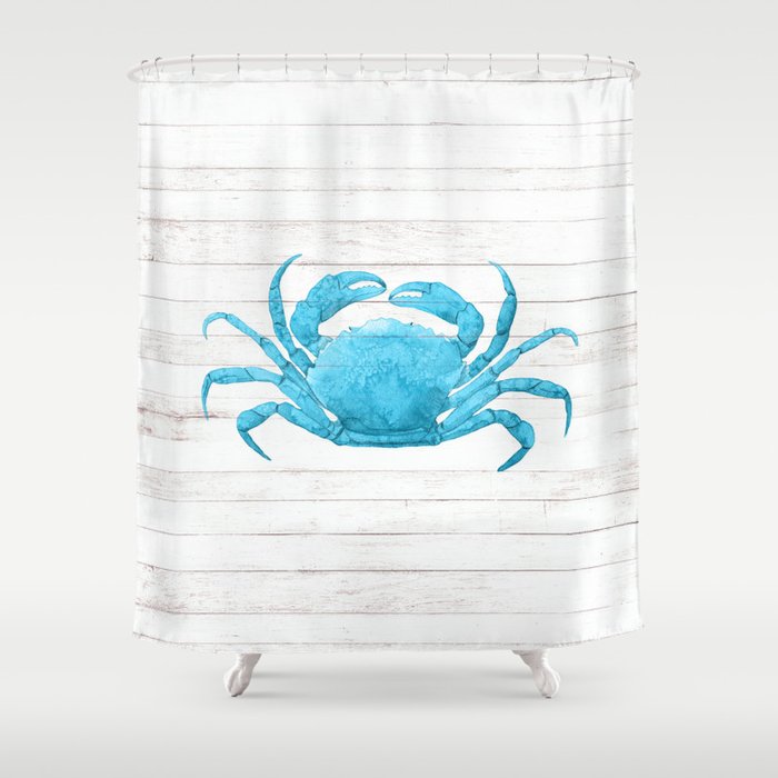 Nautical Blue Crab Driftwood Dock Shower Curtain by Nature Magick