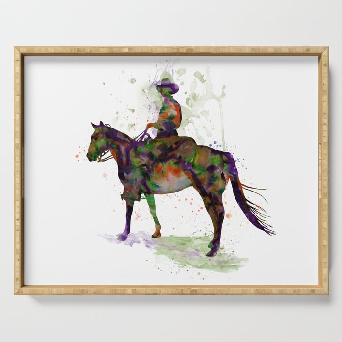 Cowboy on Horseback Watercolor Silhouette Serving Tray