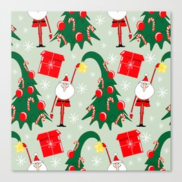 Christmas Seamless Pattern Cute Cartoon Tall Santa Pulls Put a Star From a Decorated Christmas Tree. Children's Decor Canvas Print