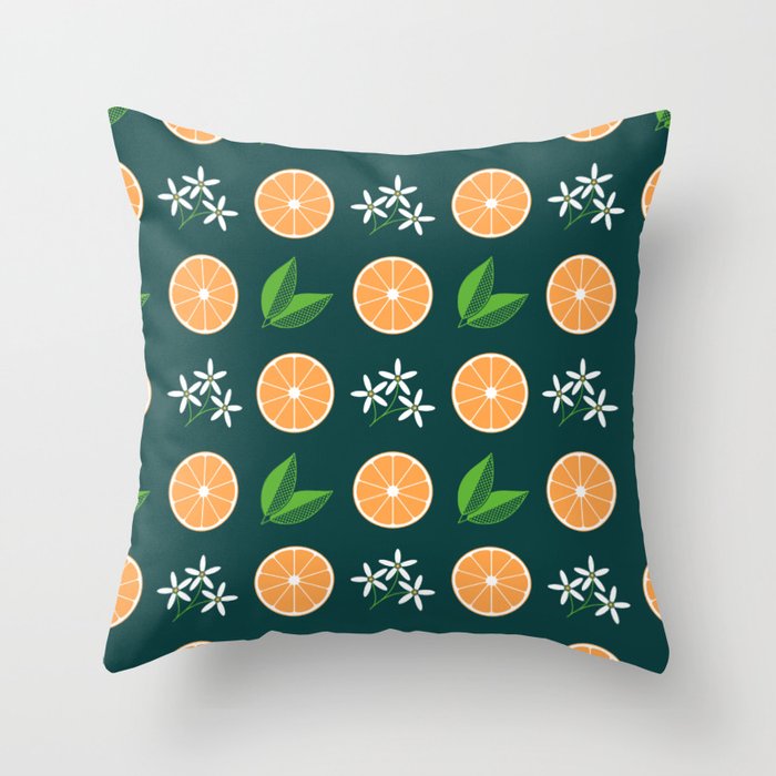 Pattern with orange fruit slice, white flower and green foliage Throw Pillow