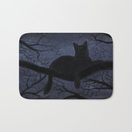 Starry Night Watcher Bath Mat | Shadows, Blackcat, Cat, Night, Acrylic, Stars, Dark, Animal, Trees, Purple 
