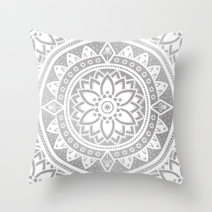 Silver White Patterned Flower Mandala Throw Pillow By Silver White Patterned Flower Mandala Throw Pillow