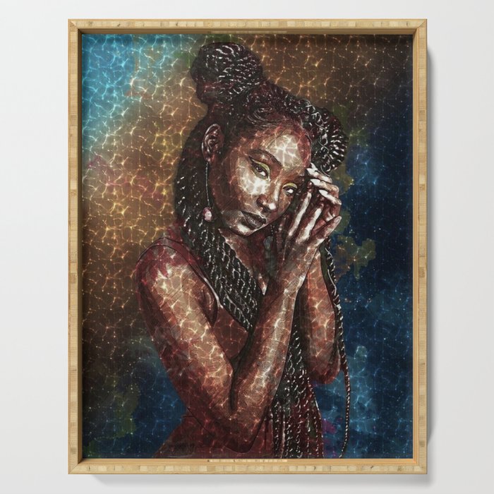 African American A Hard Rain is Gonna Fall female portrait painting for wall and home decor Serving Tray