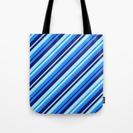 [ Thumbnail: Blue, Midnight Blue, and Turquoise Colored Lined/Striped Pattern Tote Bag ]