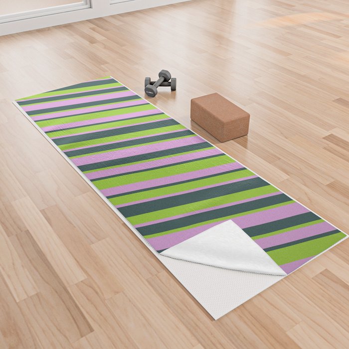 Plum, Dark Slate Gray, and Green Colored Lines Pattern Yoga Towel