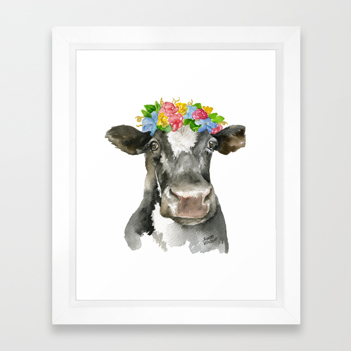 Black And White Cow With Floral Crown Watercolor Painting Framed