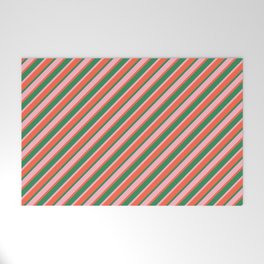 [ Thumbnail: Sea Green, Light Pink, and Red Colored Lined/Striped Pattern Welcome Mat ]
