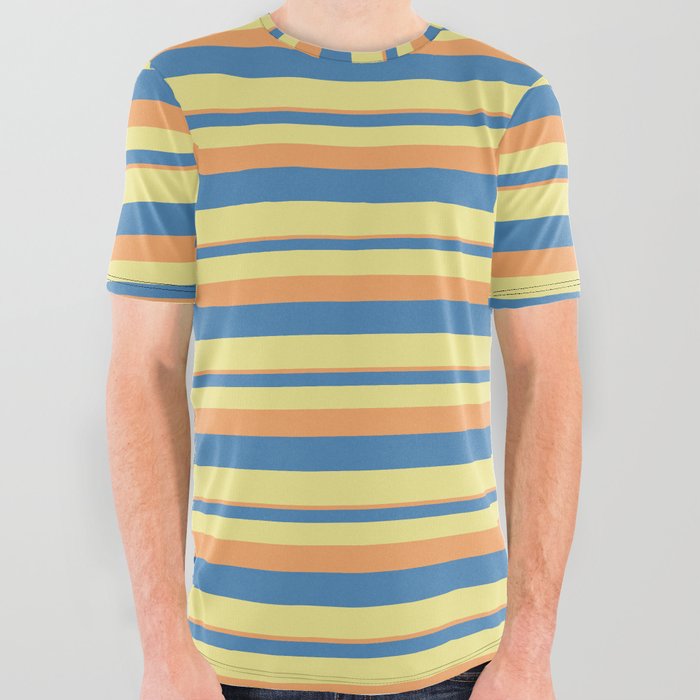 Brown, Blue, and Tan Colored Striped/Lined Pattern All Over Graphic Tee