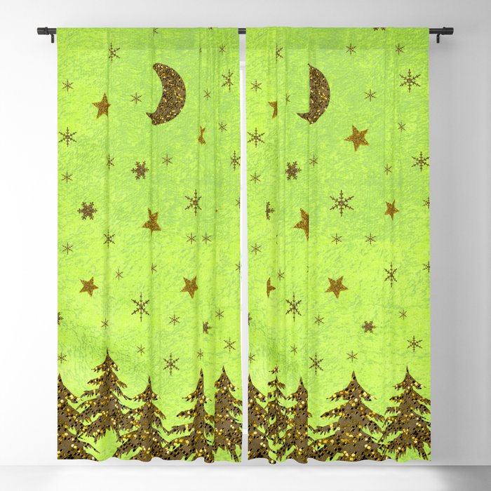 Sparkly Christmas tree, stars, moon on abstract green paper Blackout Curtain