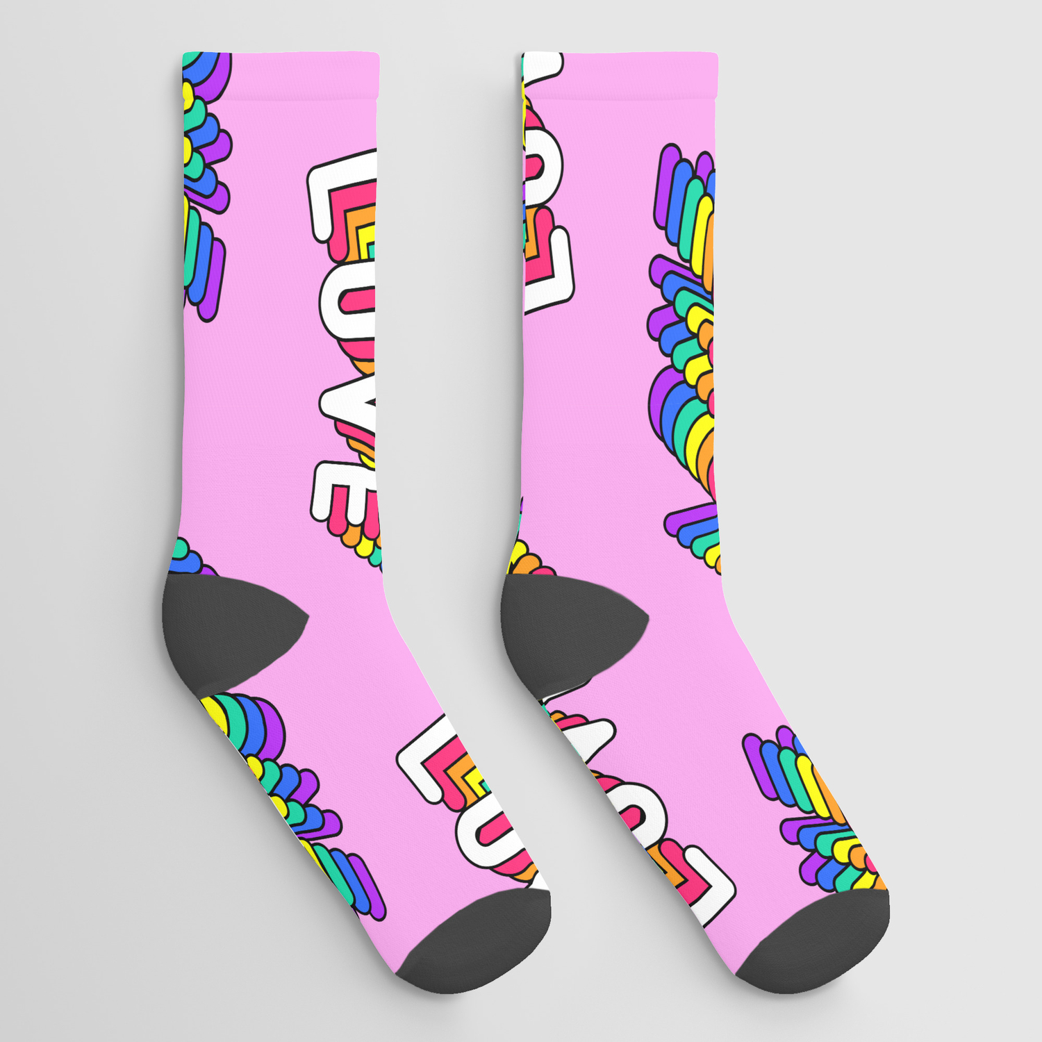 Seamless pattern with words “Love” isolated on pink background. Text  patches wallpaper. Quirky funny cartoon comic style of 80-90s. Socks by  Found It! | Society6