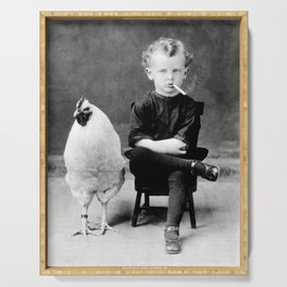 Smoking Boy with Chicken black and white photograph - photography - photographs Serving Tray
