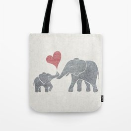 Elephant Hugs with Heart in Muted Gray and Red Tote Bag