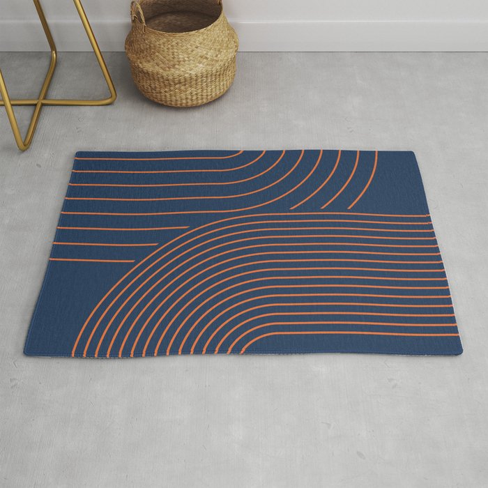 Geometric Lines in Navy Blue and Vintage Orange (Rainbow Abstract) Rug