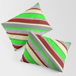 [ Thumbnail: Colorful Lime, Dark Grey, Dark Red, Pale Goldenrod, and Grey Colored Stripes/Lines Pattern Pillow Sham ]