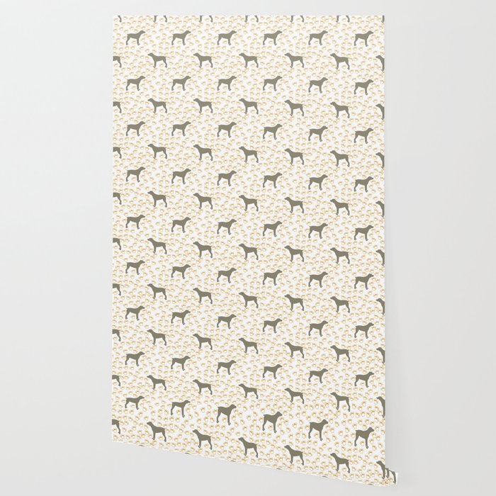 Big Grey Weimaraner Dog And Yellow Paw Prints Wallpaper By