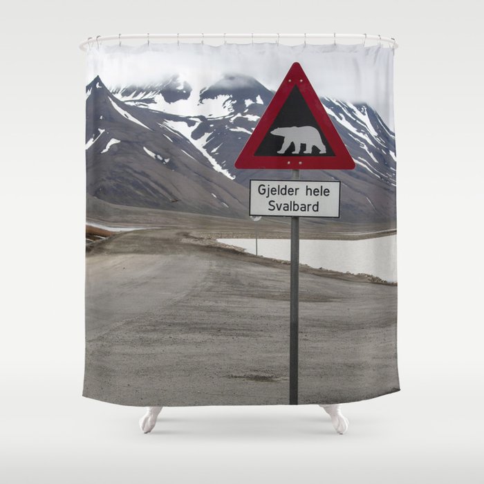 Polar bears traffic sign in Svalbard Shower Curtain