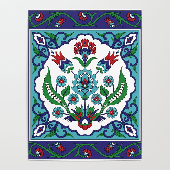 Turkish Tile Pattern – Vintage iznik ceramic with tulips Poster