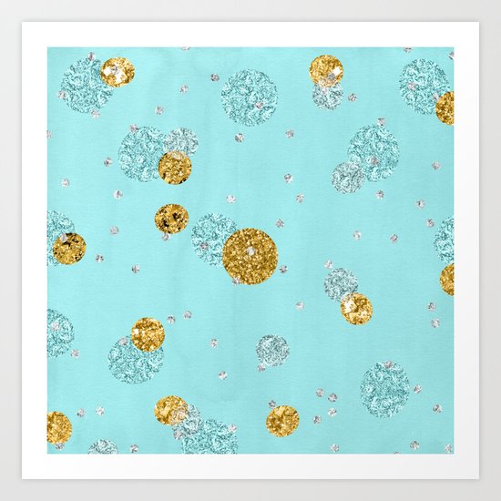 Treasures on aqua - Gold glitter polkadots on turquoise background Art Print