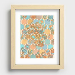 Golden Honeycomb Tangle - hexagon doodle in peach, blue, mint & cream Recessed Framed Print