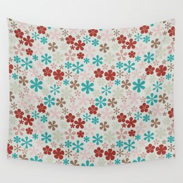 teal green and ecru eclectic daisy print ditsy florets Wall Tapestry