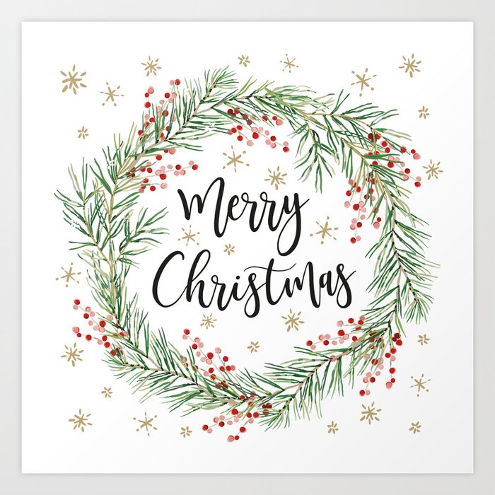 Merry Christmas wreath with red berries Kunstdrucke Merry Christmas wreath with red berries Kunstdrucke