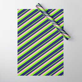 [ Thumbnail: Light Pink, Green, and Midnight Blue Colored Striped/Lined Pattern Wrapping Paper ]