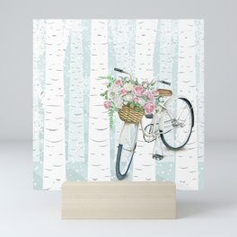 White Vintage bicycle in a Birch Forest Mini Art Print