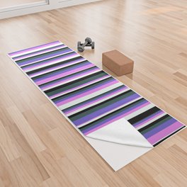 [ Thumbnail: Eyecatching Dark Slate Gray, Slate Blue, Violet, Mint Cream, and Black Colored Pattern of Stripes Yoga Towel ]