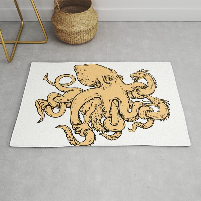Giant Octopus Fighting Hydra Drawing Rug