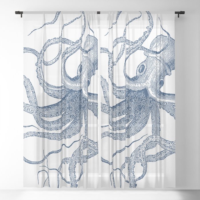 Blue nautical vintage octopus illustration Sheer Curtain