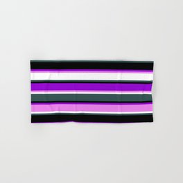 [ Thumbnail: Eye-catching Dark Violet, Violet, White, Dark Slate Gray & Black Colored Pattern of Stripes Hand & Bath Towel ]