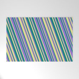 [ Thumbnail: Teal, Purple, and Tan Colored Lines Pattern Welcome Mat ]