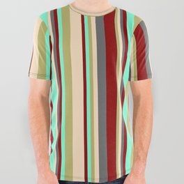 [ Thumbnail: Aquamarine, Dark Khaki, Bisque, Dim Gray & Dark Red Colored Striped/Lined Pattern All Over Graphic Tee ]