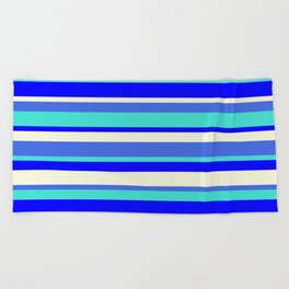 [ Thumbnail: Royal Blue, Turquoise, Blue & Beige Colored Lined Pattern Beach Towel ]