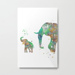 Mom and Baby Elephant Watercolor Painting 2 Metal Print | Elephantnursery, Momandbaby, Miaomiaodesign, Green, Babyroom, Watercoloranimal, Animalsilhouette, Elephant, Elephantsilhouette, Elephantpainting 