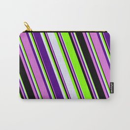 [ Thumbnail: Chartreuse, Lavender, Indigo, Orchid & Black Colored Striped/Lined Pattern Carry-All Pouch ]