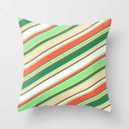[ Thumbnail: Colorful Red, Sea Green, Mint Cream, Light Green & Beige Colored Lined/Striped Pattern Throw Pillow ]