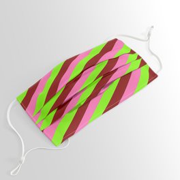 [ Thumbnail: Green, Maroon, and Hot Pink Colored Lined/Striped Pattern Face Mask ]