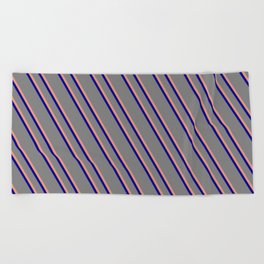 [ Thumbnail: Gray, Dark Salmon, and Dark Blue Colored Lines Pattern Beach Towel ]