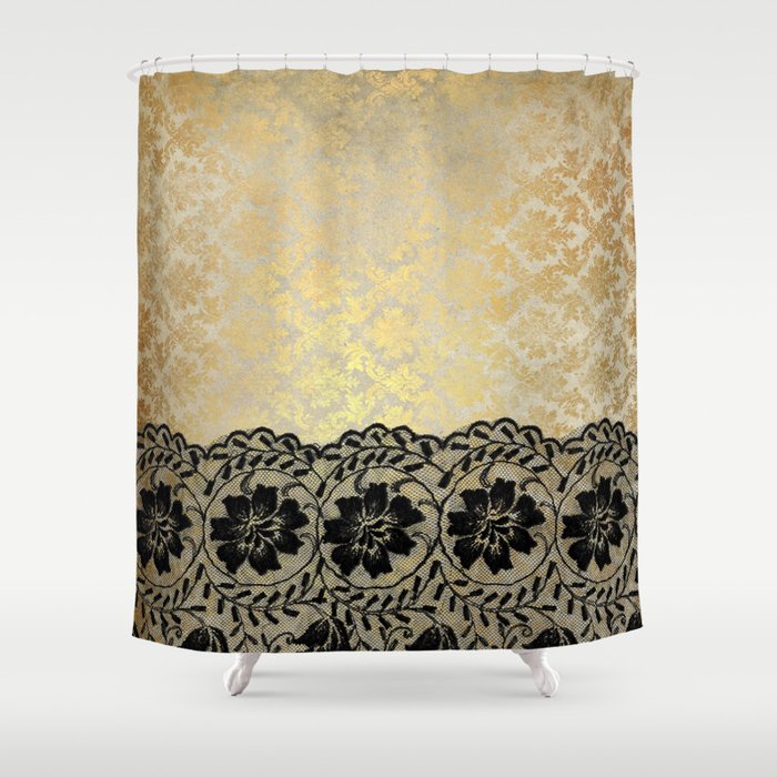 Black floral luxury lace on gold damask pattern Shower Curtain