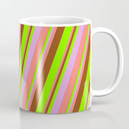 [ Thumbnail: Brown, Chartreuse, Plum & Salmon Colored Stripes Pattern Coffee Mug ]