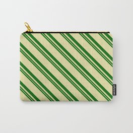 [ Thumbnail: Dark Green and Pale Goldenrod Colored Lines Pattern Carry-All Pouch ]