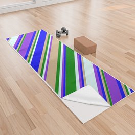 [ Thumbnail: Colorful Green, Tan, Blue, Purple, and Light Cyan Colored Striped/Lined Pattern Yoga Towel ]