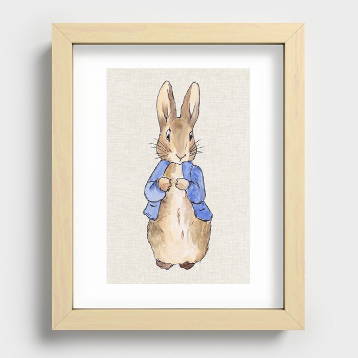Peter the rabbit beige linen textured background Recessed Framed Print