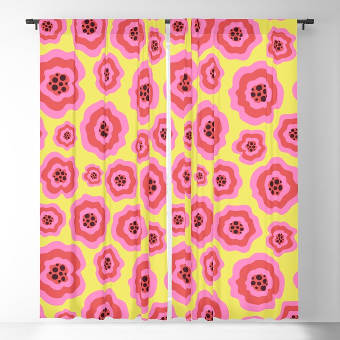 Unique pink liquid flowers on yellow blackground Blackout Curtain