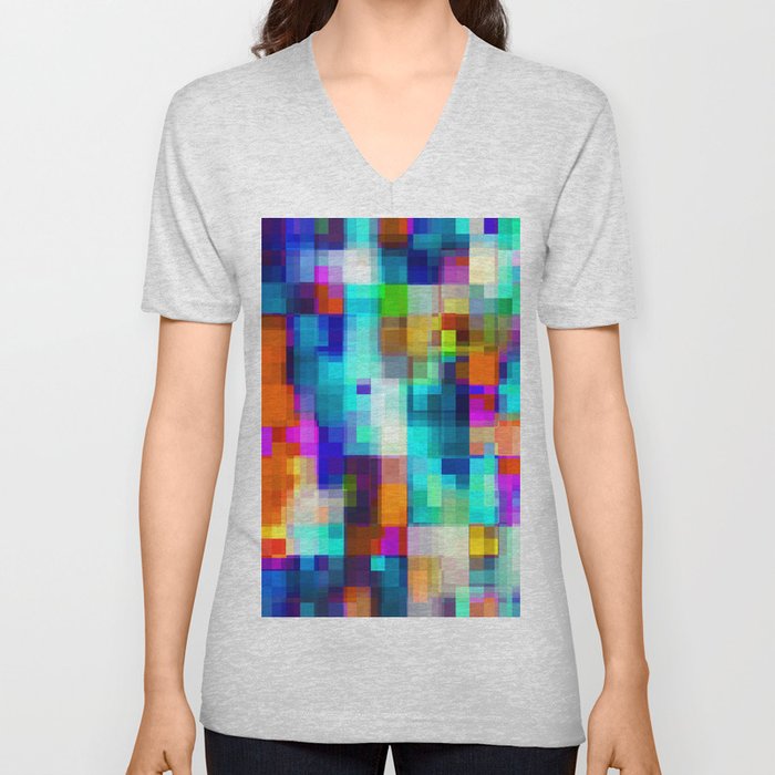 geometric pixel square pattern abstract background in blue orange yellow V Neck T Shirt