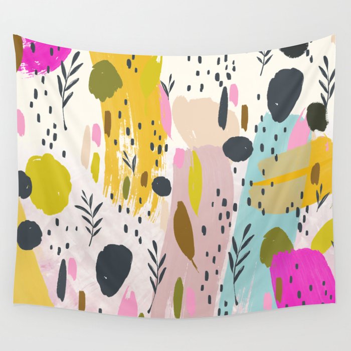 Pink And Yellow Abstract Art Trendy Modern Pattern Wall Tapestry by Garden Of Delights Gallery 