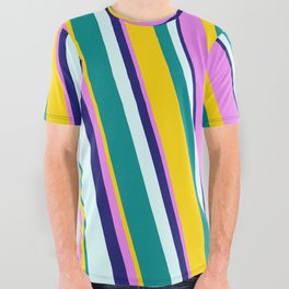 [ Thumbnail: Eye-catching Yellow, Violet, Midnight Blue, Light Cyan, and Dark Cyan Colored Stripes/Lines Pattern All Over Graphic Tee ]